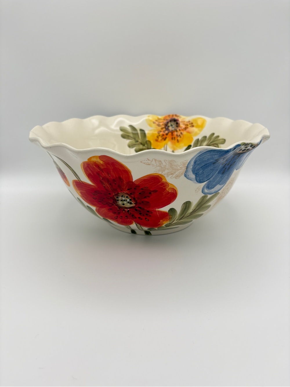 MAXCERA "Colorful Poppy Garden" XL 12 Inch Serving Bowl Scalloped Edges